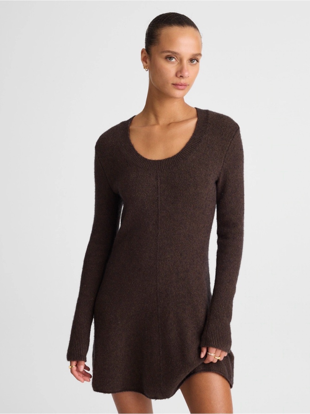 Madewell Scoopneck Sweater Mini Dress Wool blend Chocolate Sz XS NWT $138